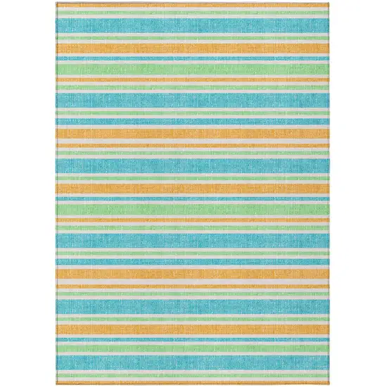 Teal Yellow and Green Striped Washable Non Skid Indoor Outdoor Area Rug Photo 2