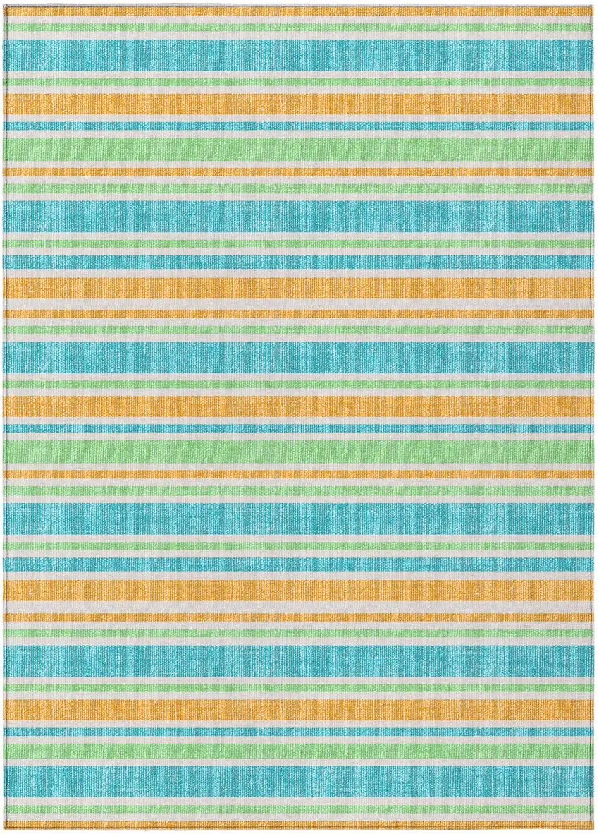 Teal Yellow and Green Striped Washable Non Skid Indoor Outdoor Area Rug Photo 2