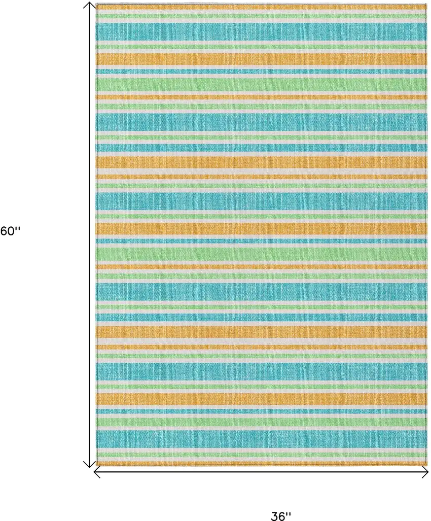 3' X 5' Teal Striped Washable Non Skid Indoor Outdoor Area Rug Photo 3