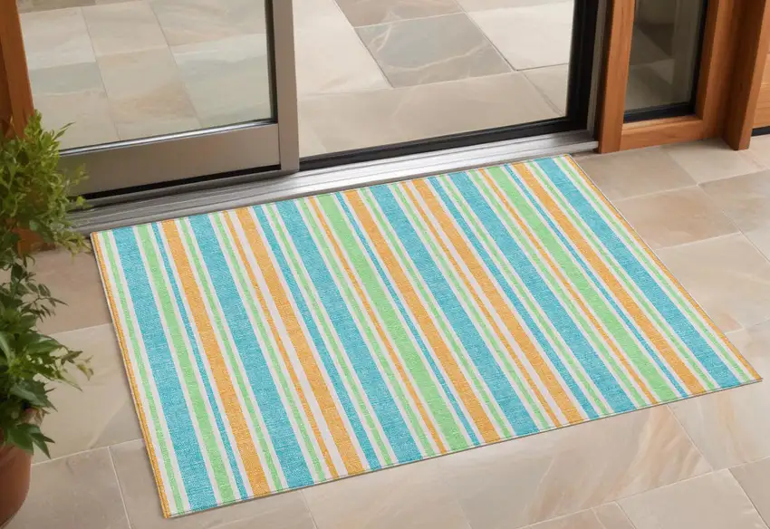 3' X 5' Teal Striped Washable Non Skid Indoor Outdoor Area Rug Photo 1