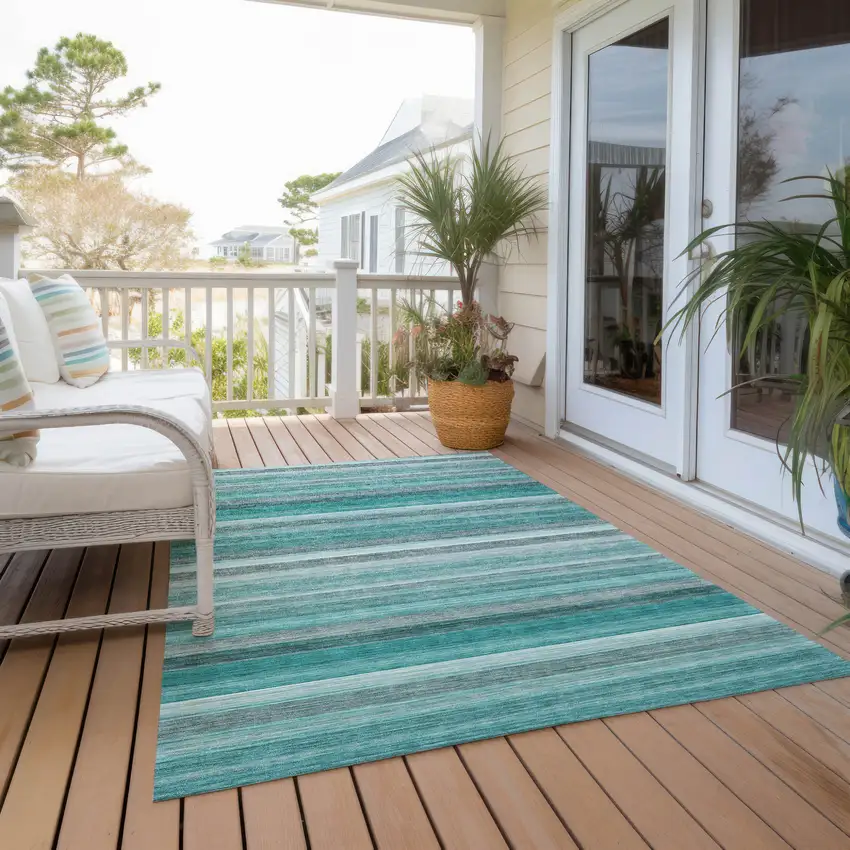Teal Striped Washable Non Skid Indoor Outdoor Area Rug Photo 8