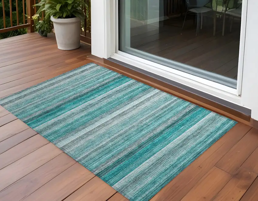 Teal Striped Washable Non Skid Indoor Outdoor Area Rug Photo 1