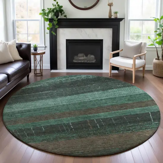 8' X 8' Teal Taupe And Sage Striped Washable Round Rug With UV Protection Photo 4