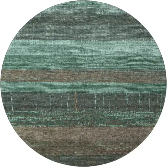 8' X 8' Teal Taupe And Sage Striped Washable Round Rug With UV Protection Photo 3