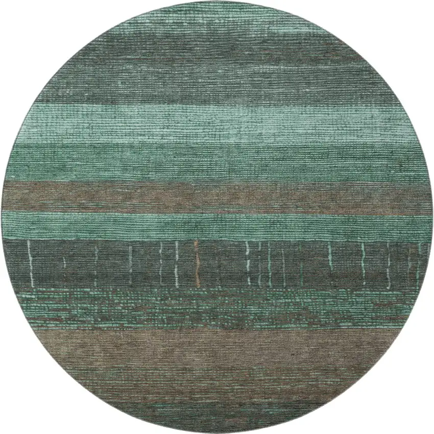 8' X 8' Teal Taupe And Sage Striped Washable Round Rug With UV Protection Photo 3