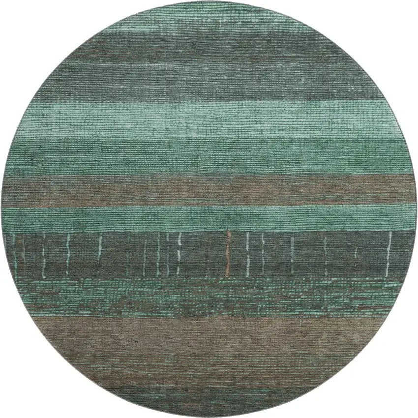 8' X 8' Teal Taupe And Sage Striped Washable Round Rug With UV Protection Photo 1