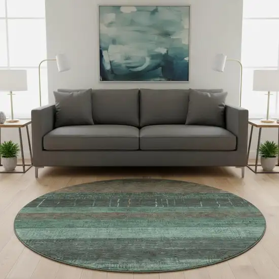 8' X 8' Teal Taupe And Sage Striped Washable Round Rug With UV Protection Photo 2