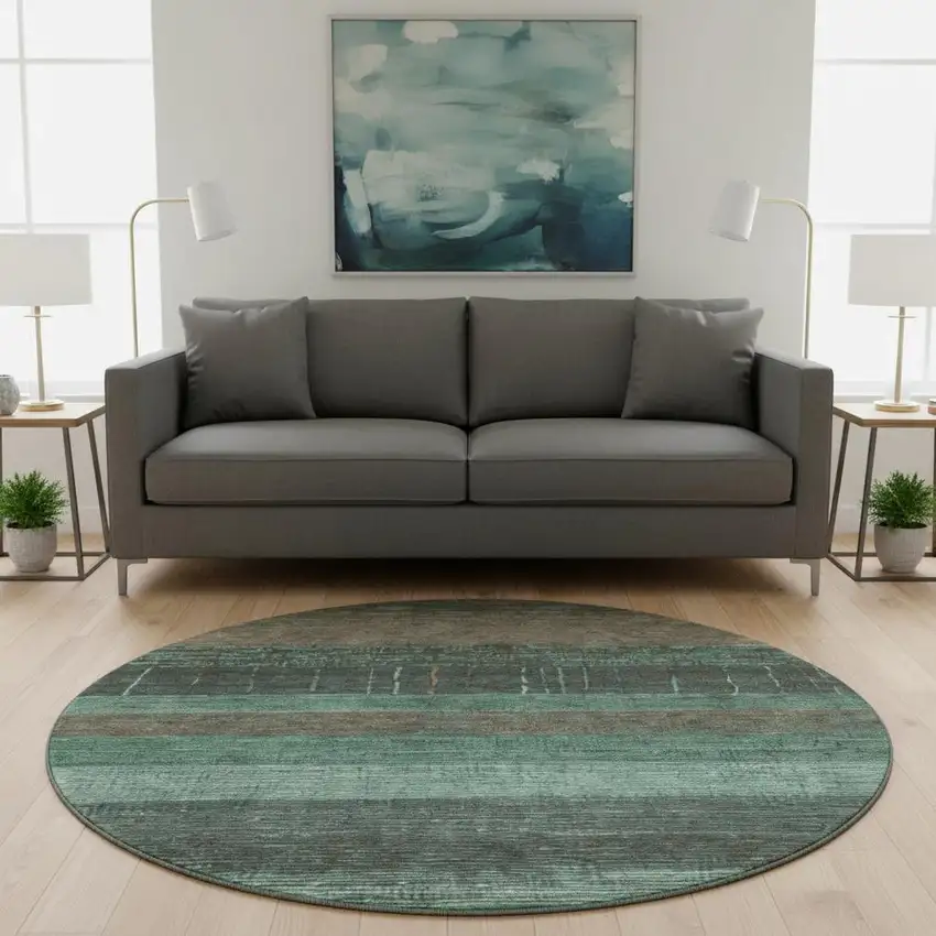 8' X 8' Teal Taupe And Sage Striped Washable Round Rug With UV Protection Photo 2
