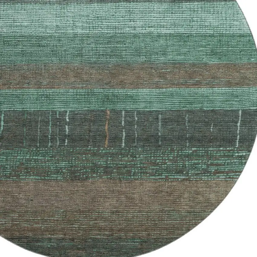 8' X 8' Teal Taupe And Sage Striped Washable Round Rug With UV Protection Photo 2