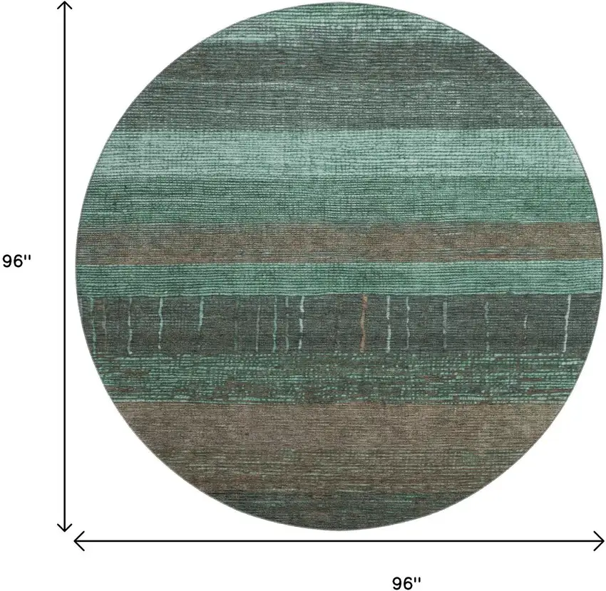 8' X 8' Teal Taupe And Sage Striped Washable Round Rug With UV Protection Photo 9