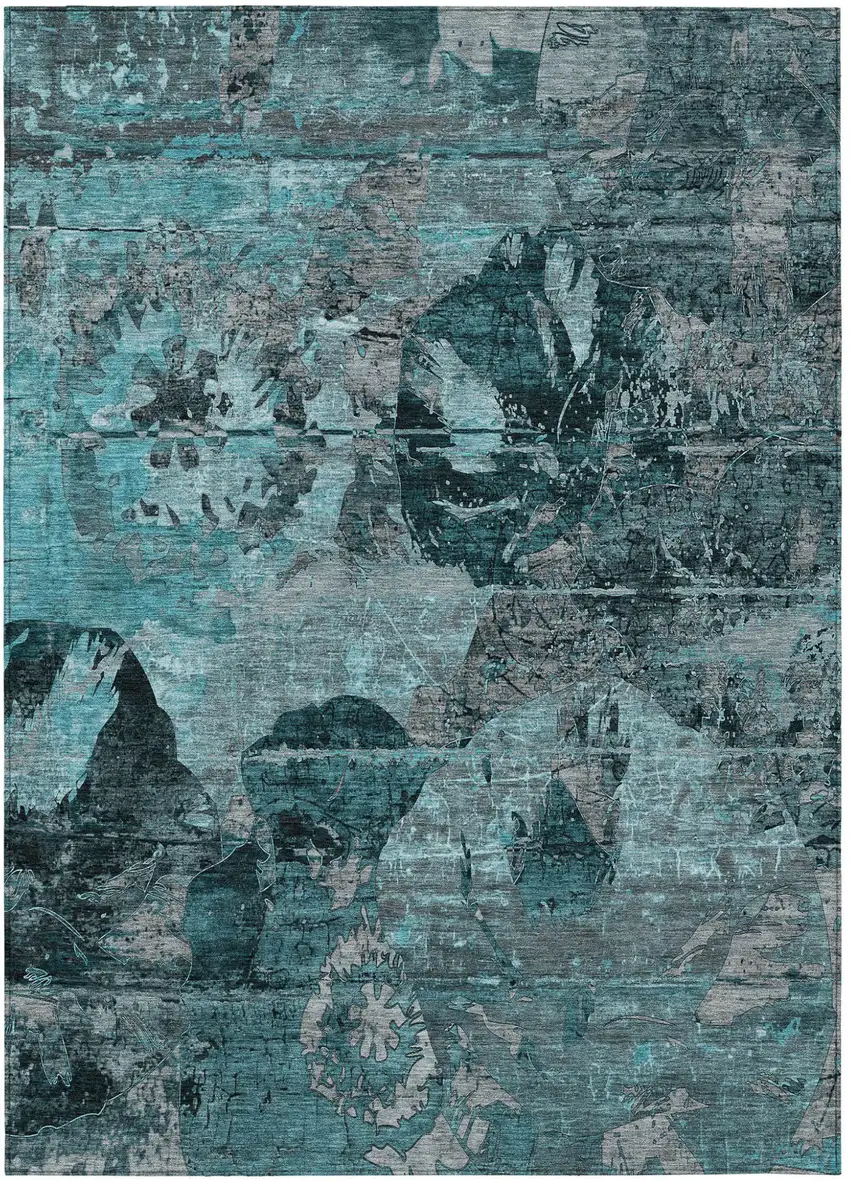 3' X 4' Teal and Gray Floral Washable Non Skid Indoor Outdoor Area Rug Photo 2