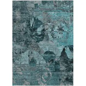 Photo of 3' X 5' Teal and Gray Floral Washable Non Skid Indoor Outdoor Area Rug