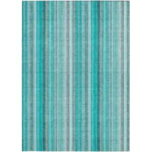 Photo of 3' X 5' Teal and Gray Striped Washable Non Skid Indoor Outdoor Area Rug