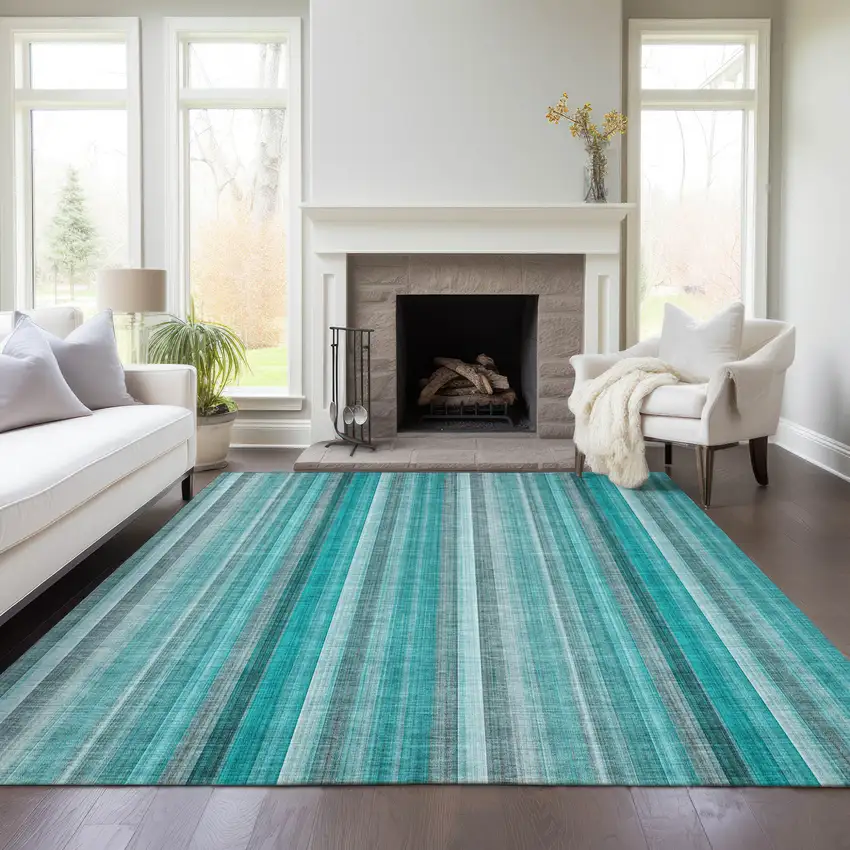 Teal and Gray Striped Washable Non Skid Indoor Outdoor Area Rug Photo 9