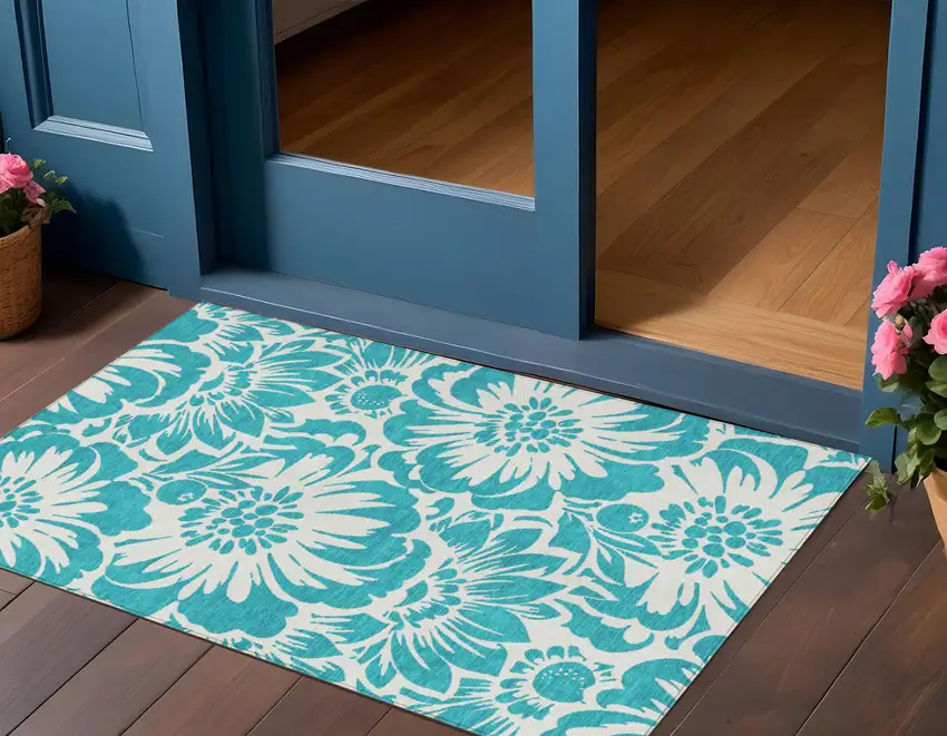 Teal and Ivory Floral Washable Non Skid Indoor Outdoor Area Rug Photo 1