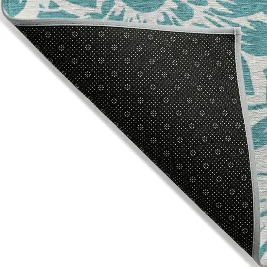 Teal and Ivory Floral Washable Non Skid Indoor Outdoor Area Rug Photo 6