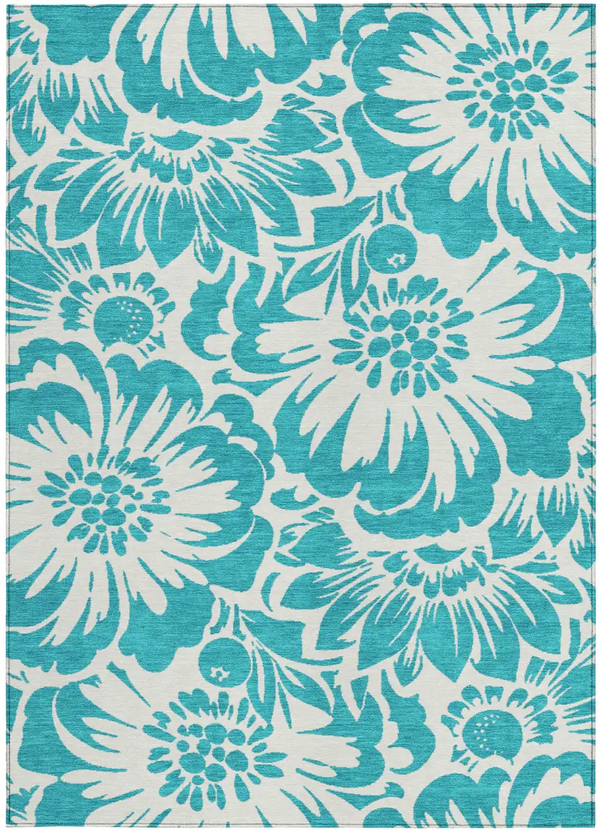 3' X 4' Teal and Ivory Floral Washable Non Skid Indoor Outdoor Area Rug Photo 5
