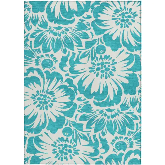3' X 4' Teal and Ivory Floral Washable Non Skid Indoor Outdoor Area Rug Photo 2