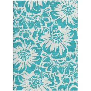 Photo of 3' X 4' Teal and Ivory Floral Washable Non Skid Indoor Outdoor Area Rug
