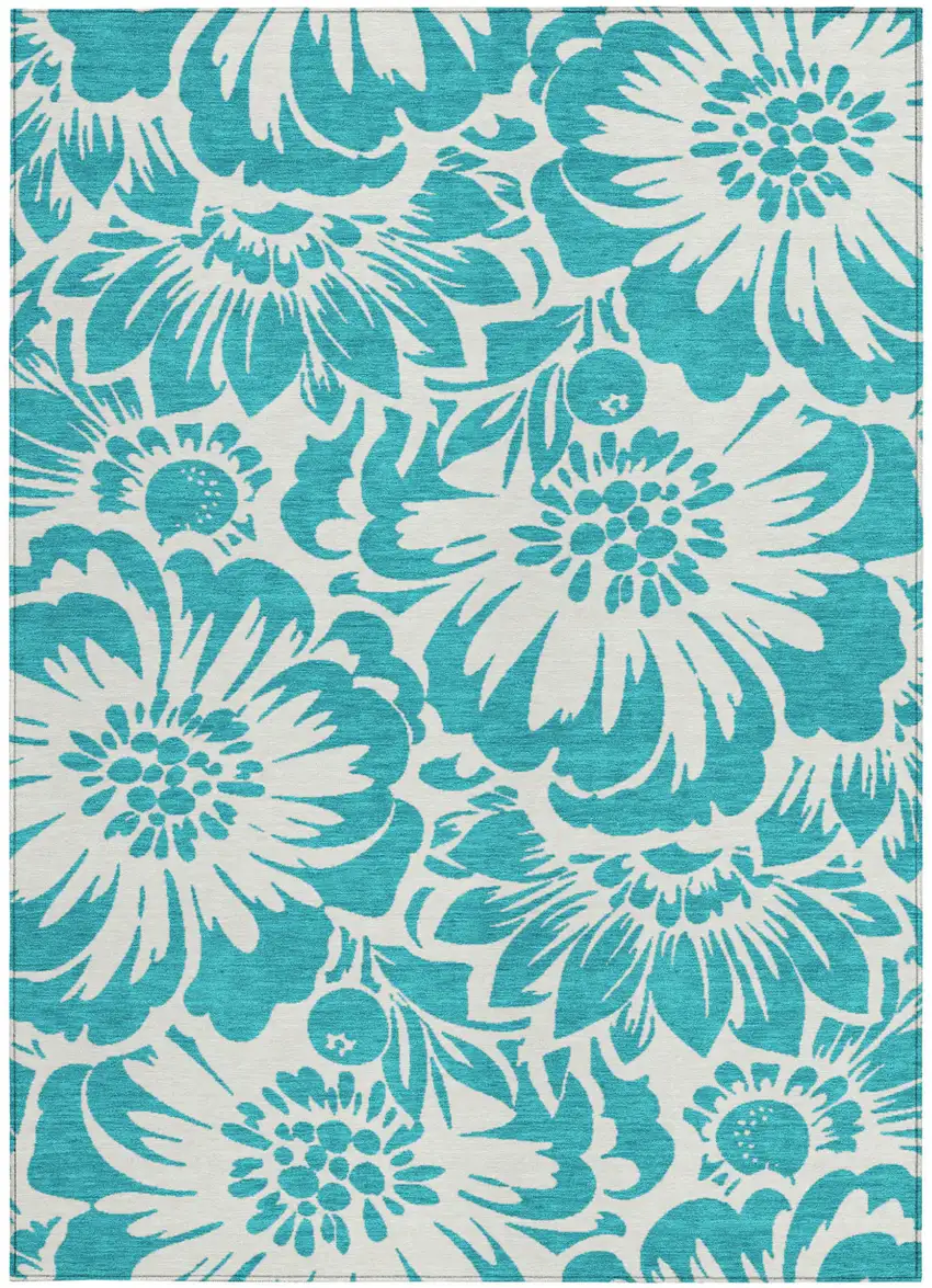 3' X 4' Teal and Ivory Floral Washable Non Skid Indoor Outdoor Area Rug Photo 2