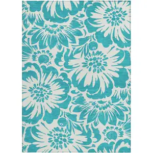 Photo of 3' X 4' Teal and Ivory Floral Washable Non Skid Indoor Outdoor Area Rug