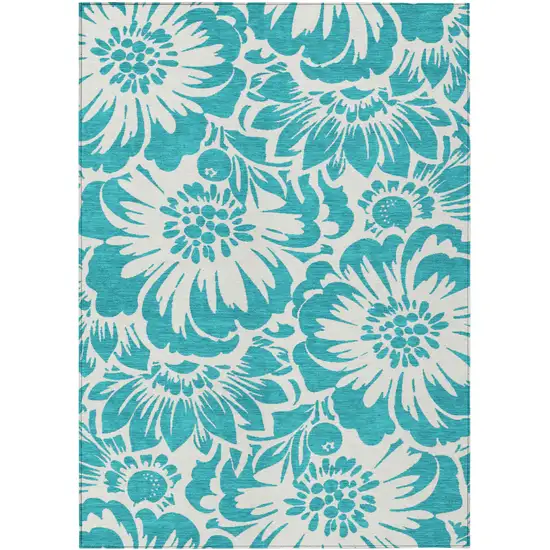 Teal and Ivory Floral Washable Non Skid Indoor Outdoor Area Rug Photo 2