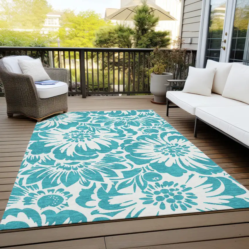 Teal and Ivory Floral Washable Non Skid Indoor Outdoor Area Rug Photo 8