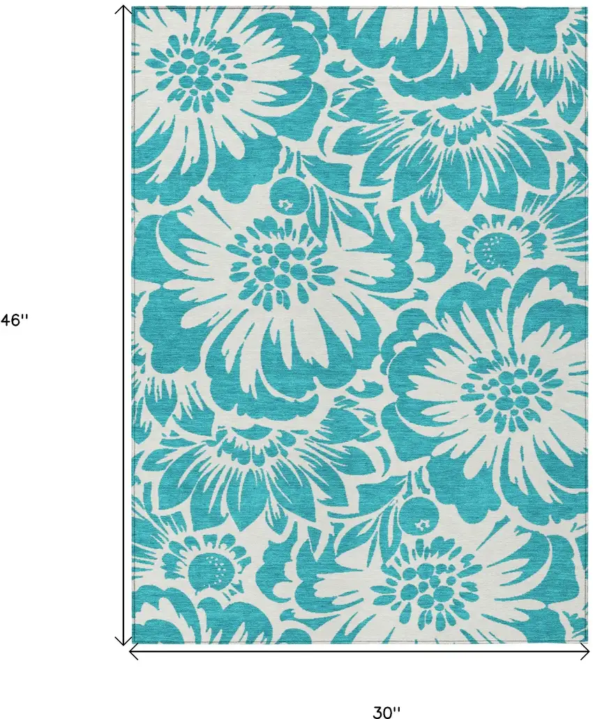 Teal and Ivory Floral Washable Non Skid Indoor Outdoor Area Rug Photo 3