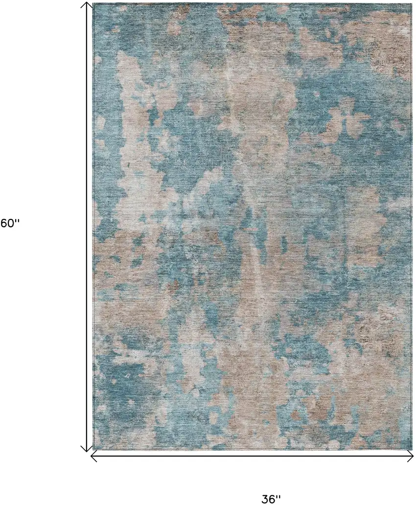 3' X 5' Teal and Taupe Abstract Washable Non Skid Indoor Outdoor Area Rug Photo 3