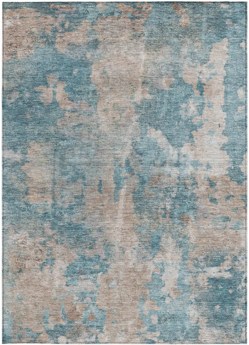 3' X 5' Teal and Taupe Abstract Washable Non Skid Indoor Outdoor Area Rug Photo 5