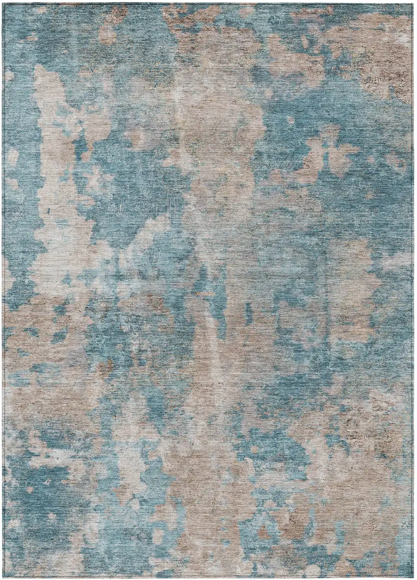 3' X 5' Teal and Taupe Abstract Washable Non Skid Indoor Outdoor Area Rug Photo 2