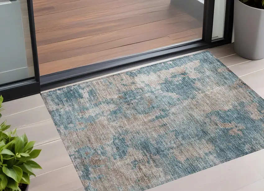 Teal and Taupe Abstract Washable Non Skid Indoor Outdoor Area Rug Photo 1
