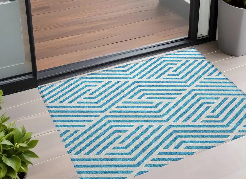 Teal and White Geometric Washable Non Skid Indoor Outdoor Area Rug Photo 1