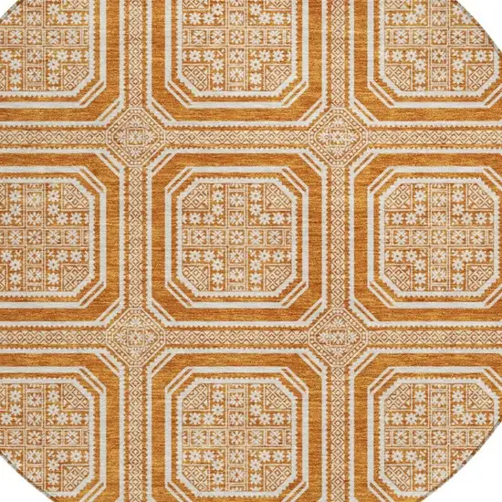 8' X 8' Terra Cotta And Ivory Geometric Washable Round Rug With UV Protection Photo 2
