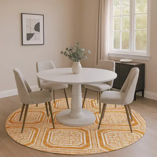 8' X 8' Terra Cotta And Ivory Geometric Washable Round Rug With UV Protection Photo 4