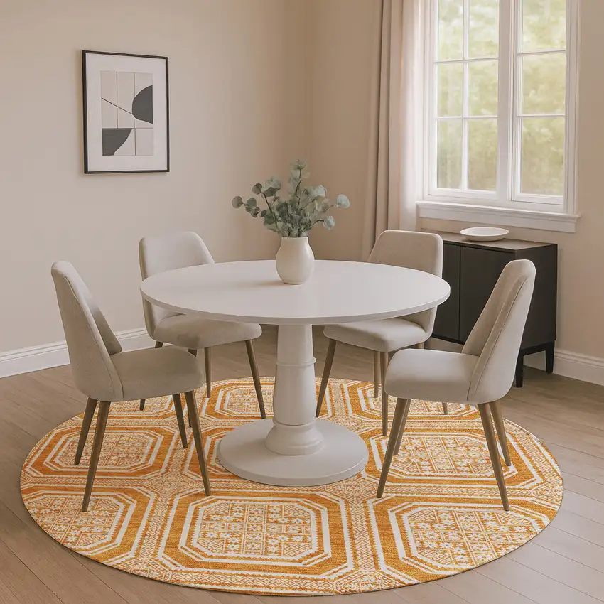 8' X 8' Terra Cotta And Ivory Geometric Washable Round Rug With UV Protection Photo 4