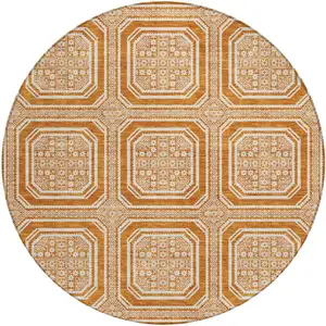 Photo of 8' X 8' Terra Cotta And Ivory Geometric Washable Round Rug With UV Protection