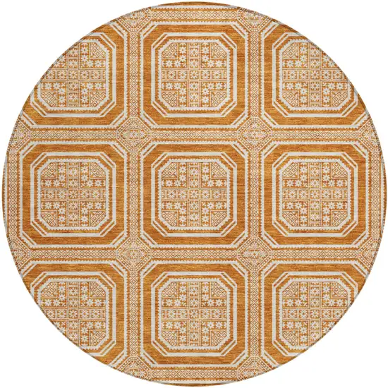 8' X 8' Terra Cotta And Ivory Geometric Washable Round Rug With UV Protection Photo 1