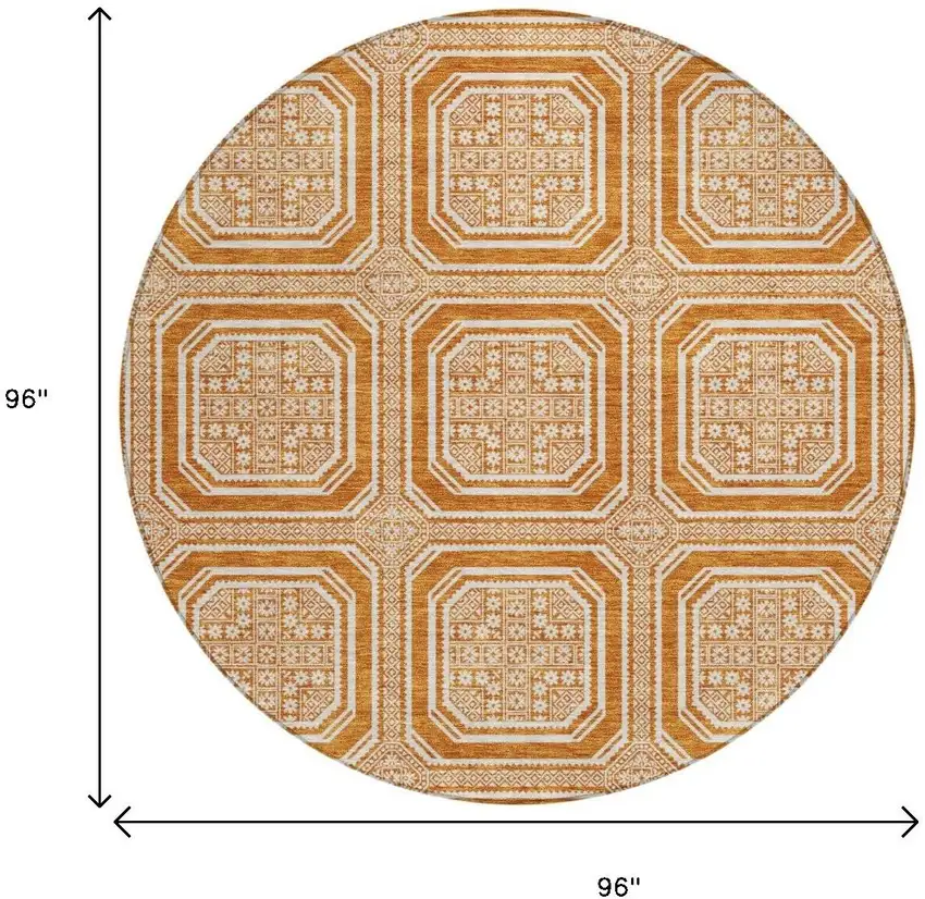8' X 8' Terra Cotta And Ivory Geometric Washable Round Rug With UV Protection Photo 9