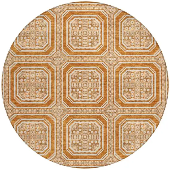 8' X 8' Terra Cotta And Ivory Geometric Washable Round Rug With UV Protection Photo 3