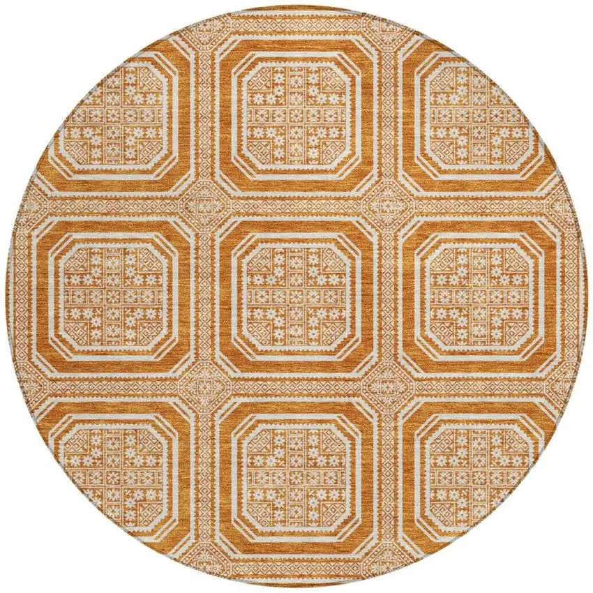 8' X 8' Terra Cotta And Ivory Geometric Washable Round Rug With UV Protection Photo 3