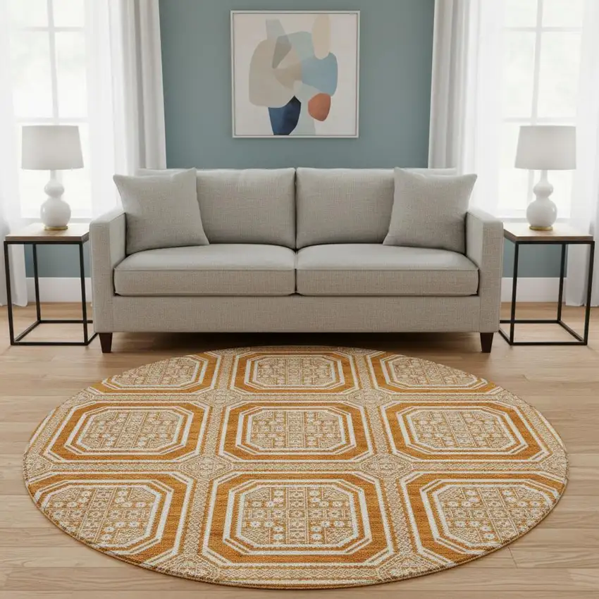 8' X 8' Terra Cotta And Ivory Geometric Washable Round Rug With UV Protection Photo 2