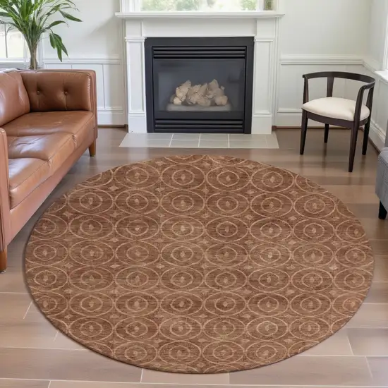 8' X 8' Terra Cotta And Rust Geometric Washable Round Rug With UV Protection Photo 4