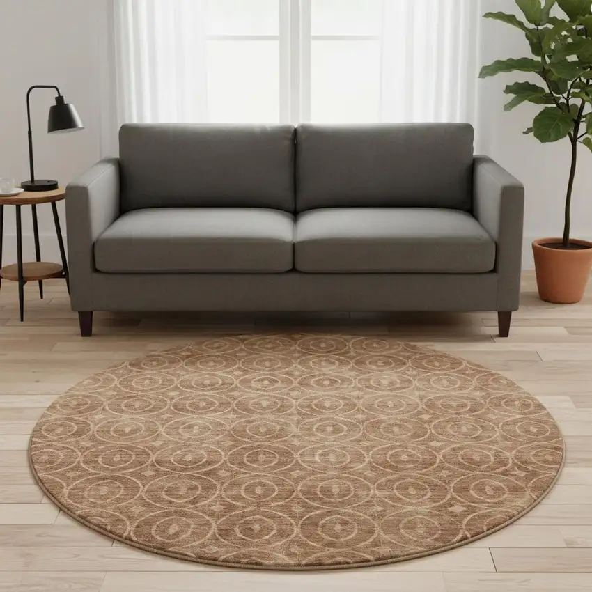 8' X 8' Terra Cotta And Rust Geometric Washable Round Rug With UV Protection Photo 2