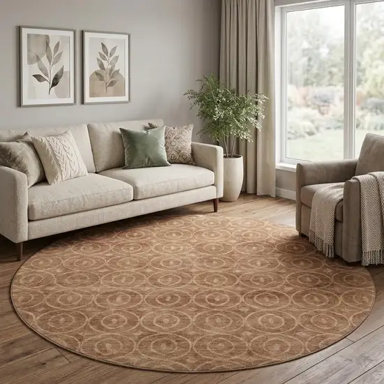 8' X 8' Terra Cotta And Rust Geometric Washable Round Rug With UV Protection Photo 1