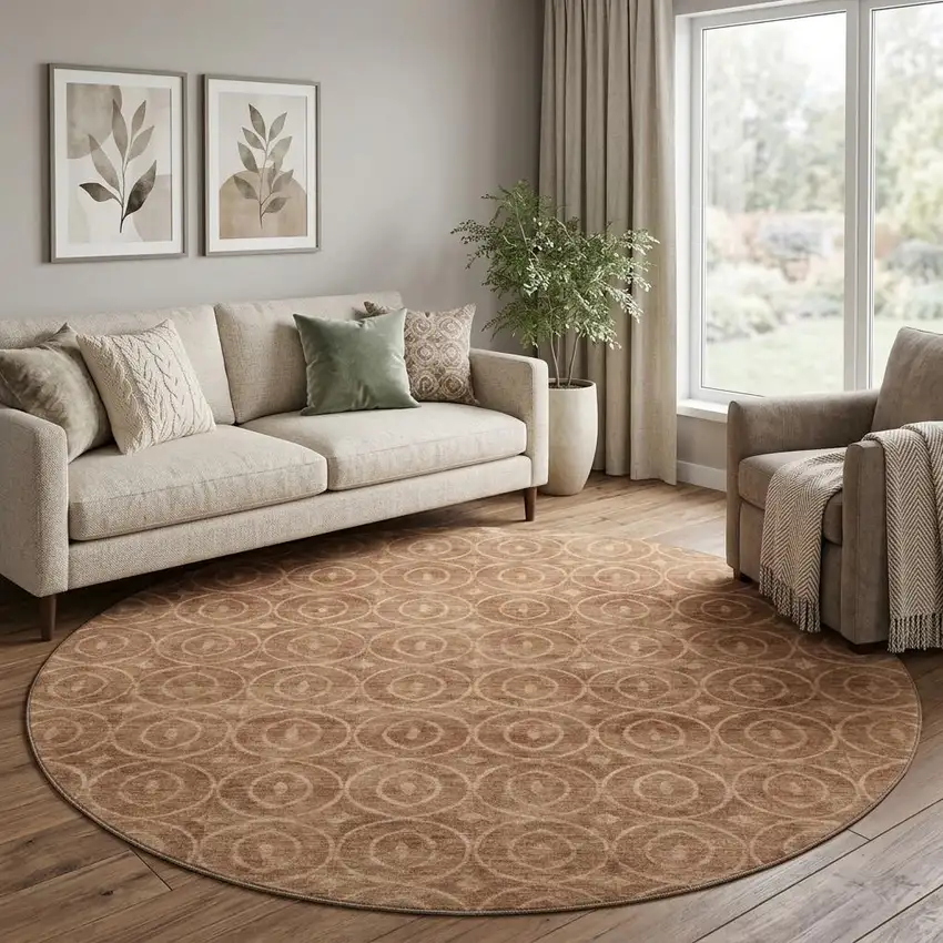 8' X 8' Terra Cotta And Rust Geometric Washable Round Rug With UV Protection Photo 1