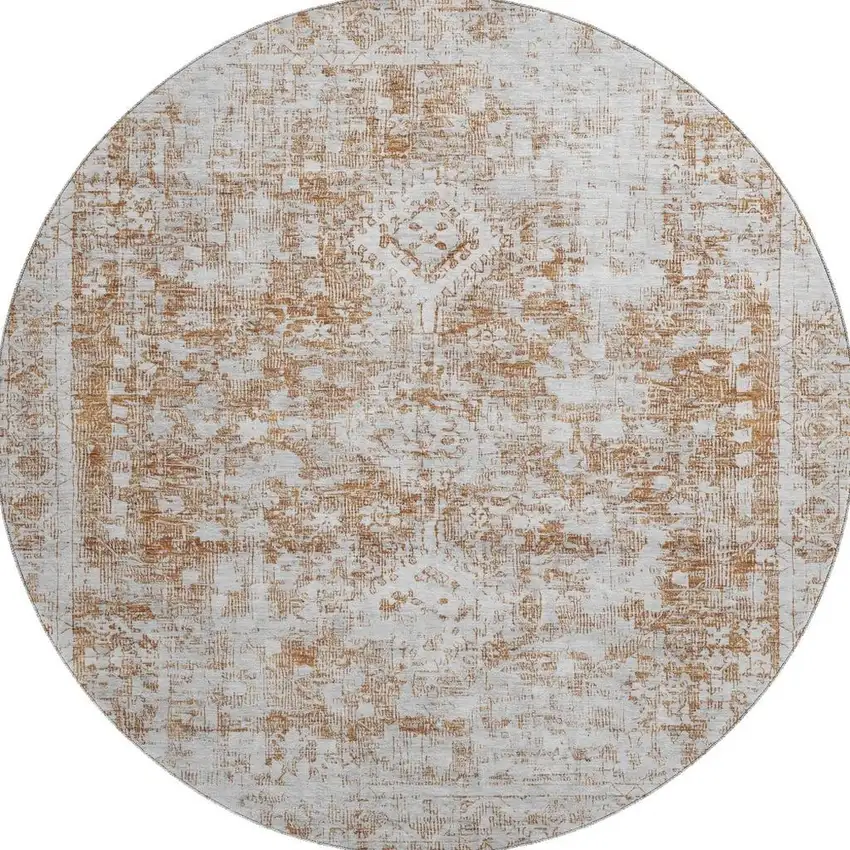 8' X 8' Terra Cotta And Silver Oriental Washable Round Rug With UV Protection Photo 3