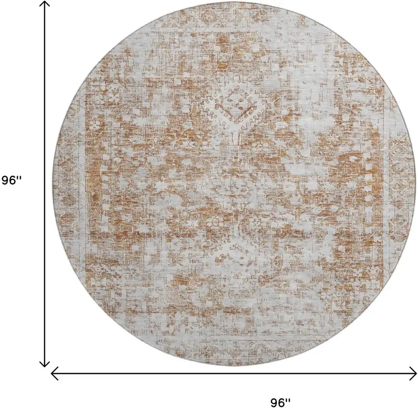 8' X 8' Terra Cotta And Silver Oriental Washable Round Rug With UV Protection Photo 9