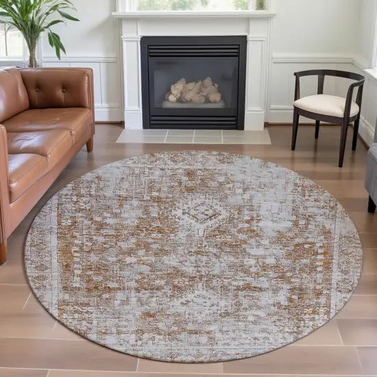 8' X 8' Terra Cotta And Silver Oriental Washable Round Rug With UV Protection Photo 4