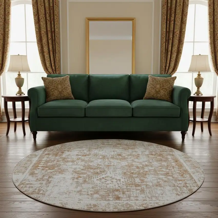 8' X 8' Terra Cotta And Silver Oriental Washable Round Rug With UV Protection Photo 2